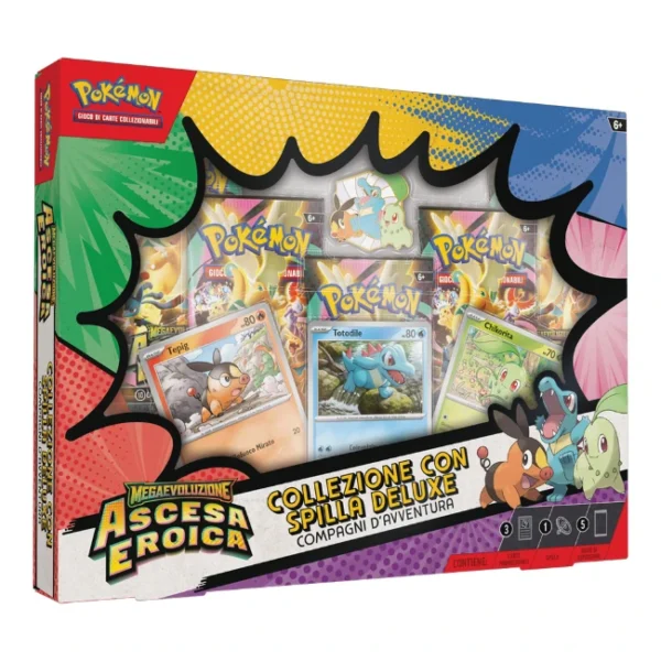 Collezione con spilla deluxe Compagni d’avventura - Ascesa Eroica - Chikorita, Tepig e Totodile